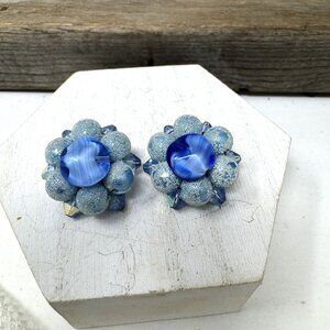 Vintage Blue Flower Clip-On Earrings Glass Beads Silvertone
